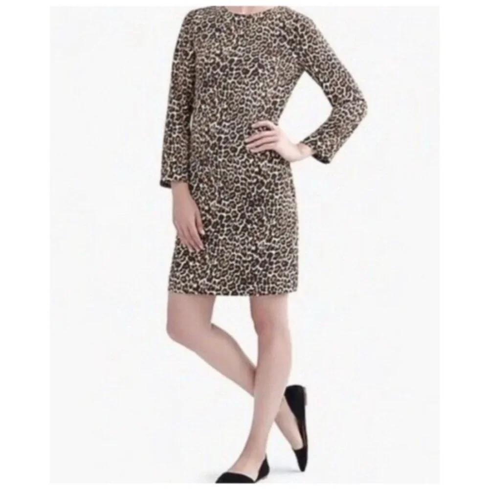 J Crew Dress 8 Animal Print Brown Black 3/4 Long Sleeve Stretch Washable